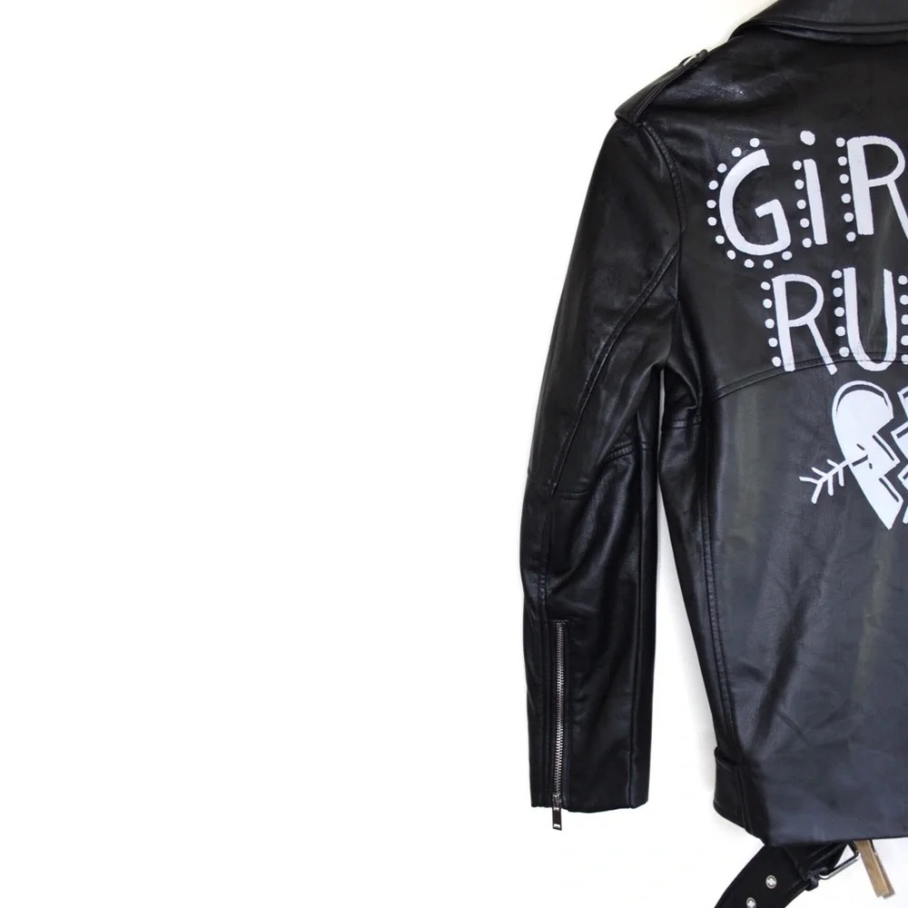 Zara Vegan Leather Edgy Moto Biker Jacket XS Girls Rule Slogan Bloggers Favorite - Picture 11 of 16